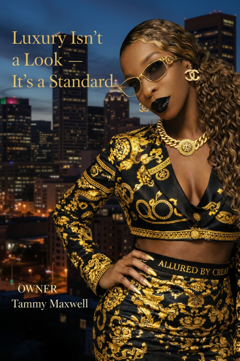 Allured by Creations owner Tammy Maxwell in luxury black and gold outfit with Baltimore downtown skyline