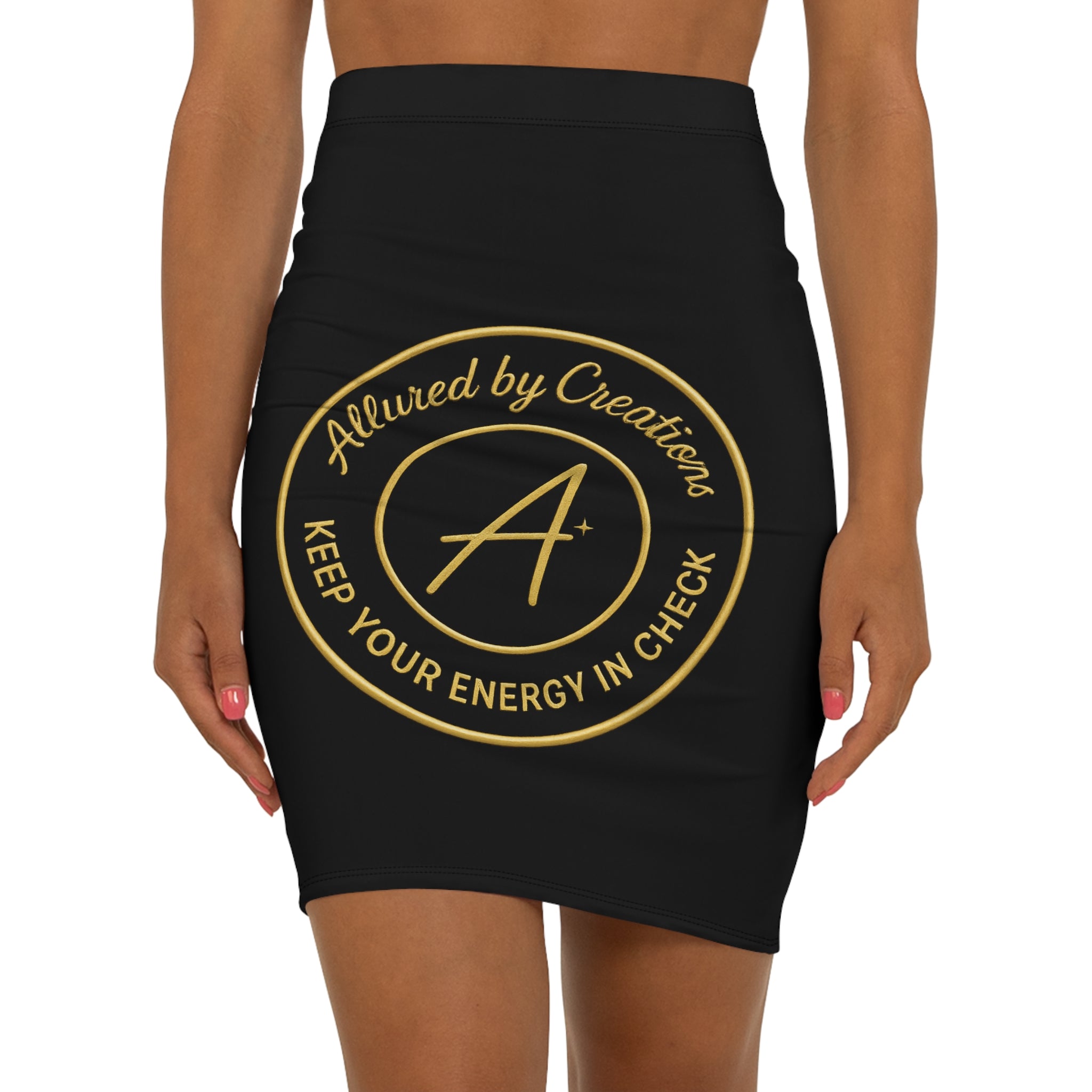 Pencil Skirt — 'Allured by Creations' Gold Emblem Mid‑Waist Fashion Skirt