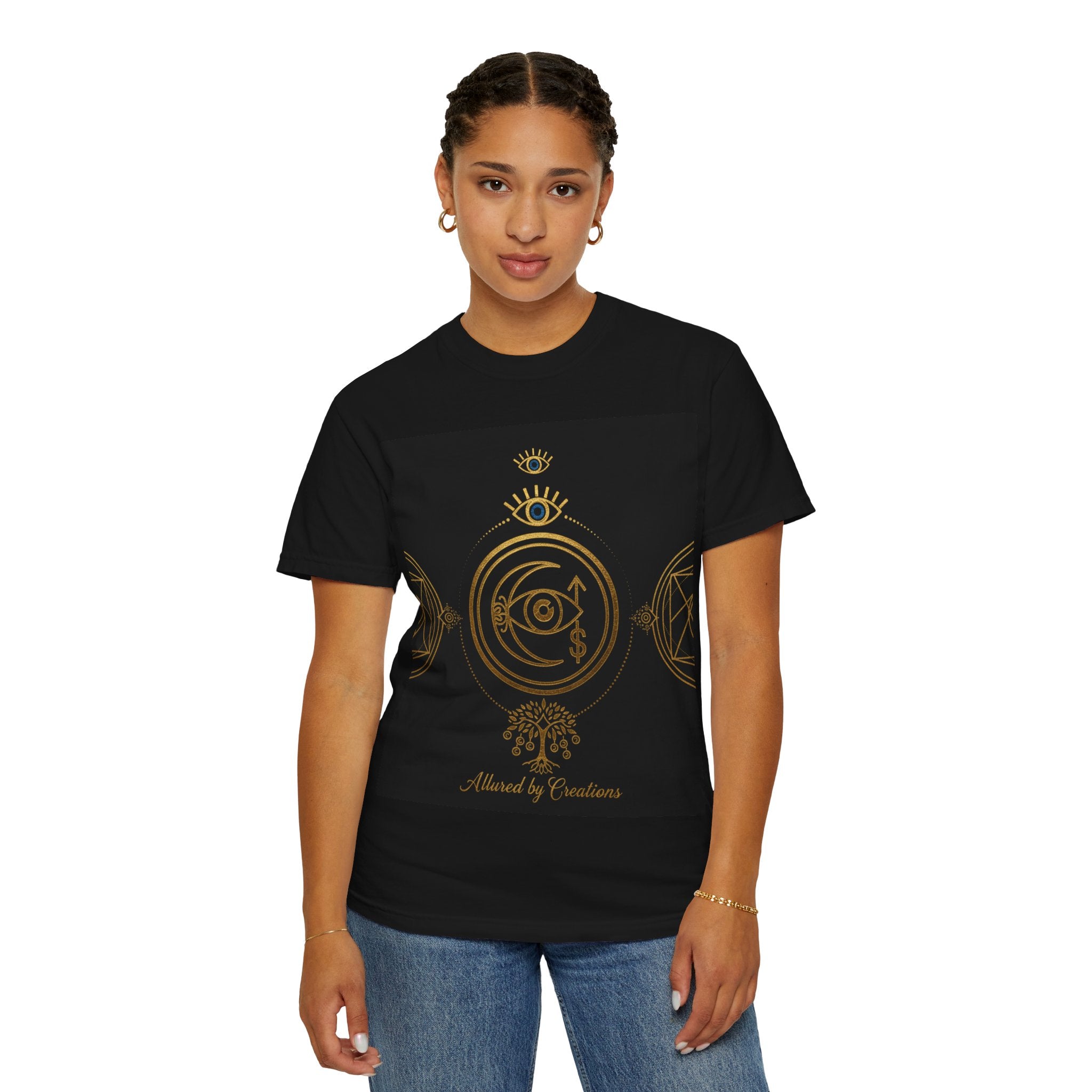 Celestial Protection Symbols T-Shirt | Mystical Eye & Moon Phases Tee