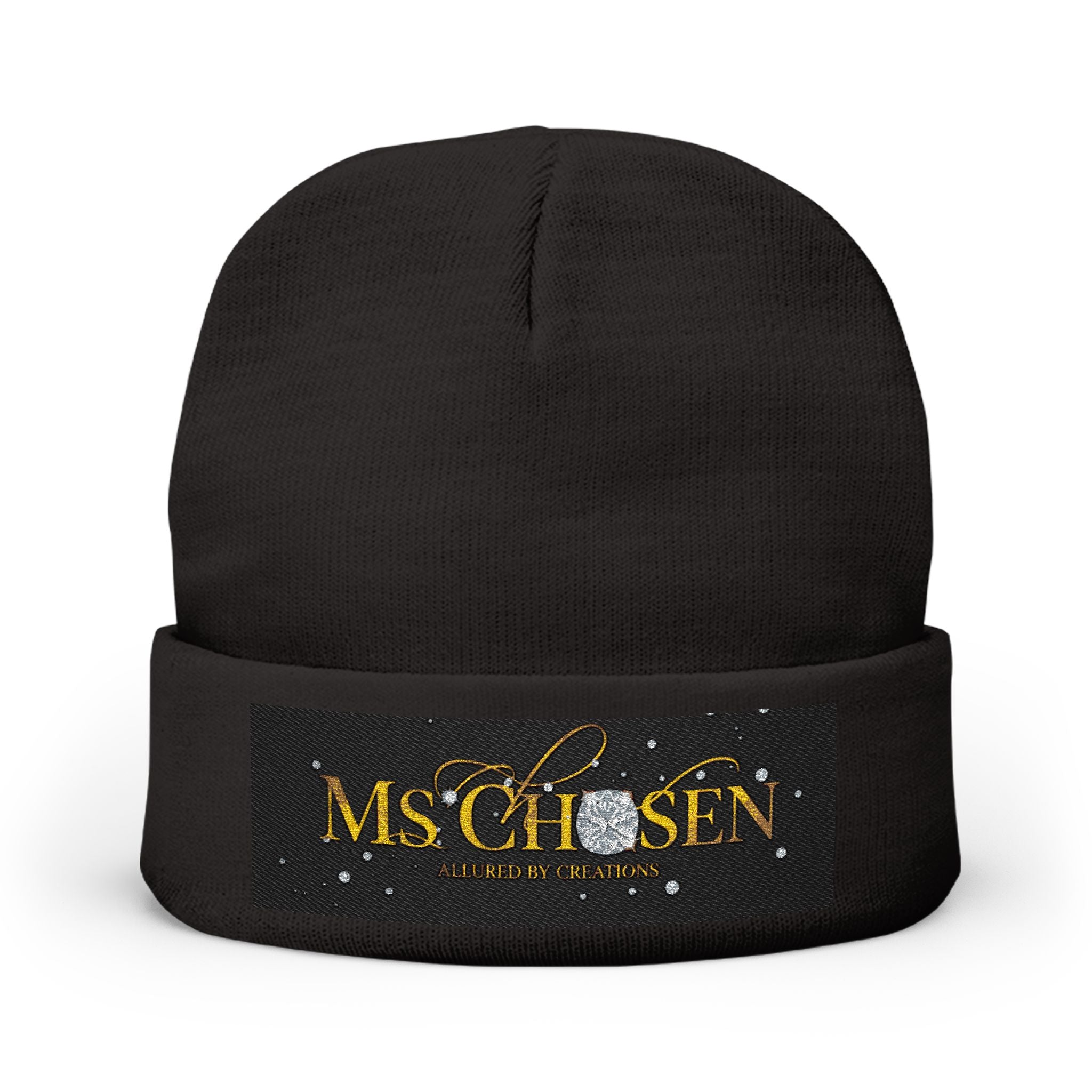 Ms Chosen — Luxury Embroidered Knit Beanie | Black & Gold Spiritual Winter Hat | Allured by Creations
