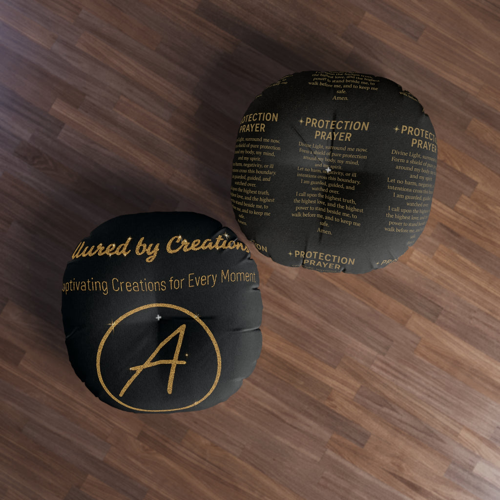 Protection Prayer Floor Pillow - Gold Glitter Round Cushion | Allured By Creations