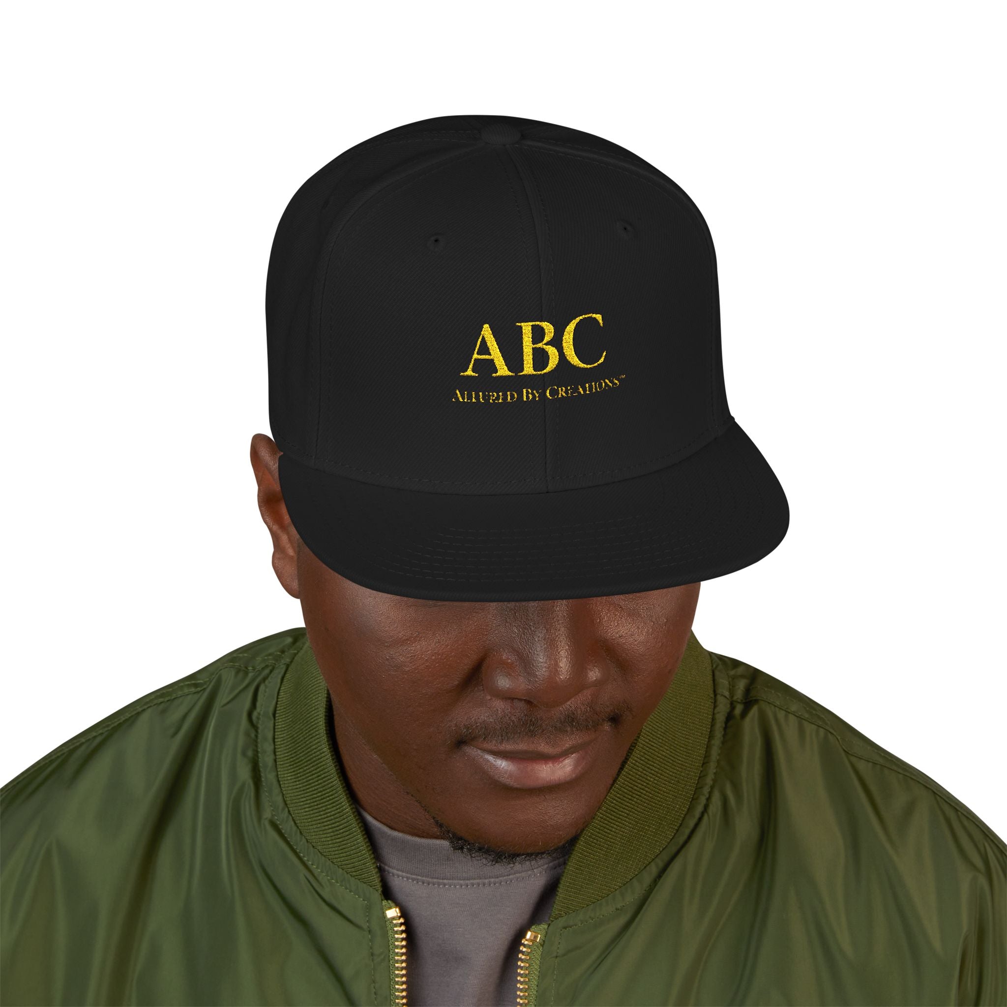 Gold ABC Logo Snapback Hat | Embroidered Black Cap | Allured By Creations