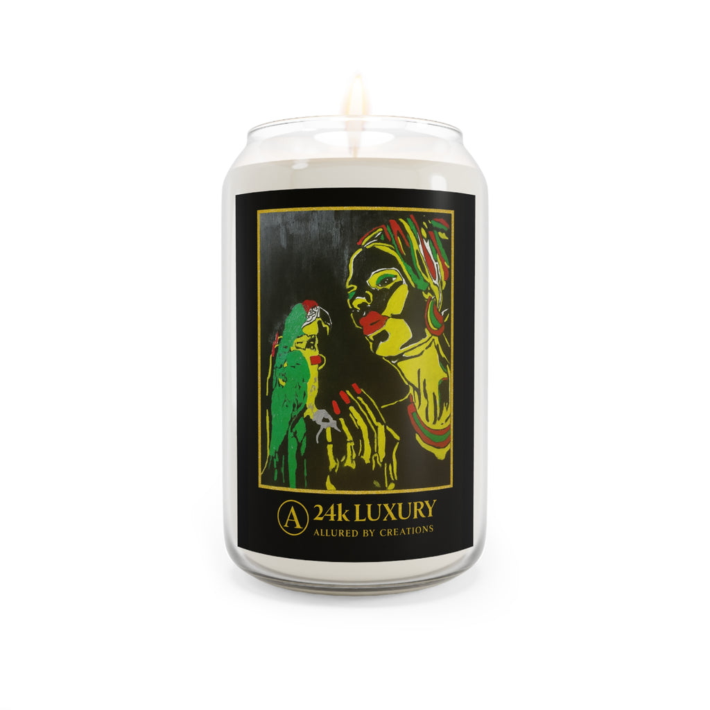 24k Luxury Scented Soy Candle 13.75oz - Artistic Woman & Parrot | Allured By Creations