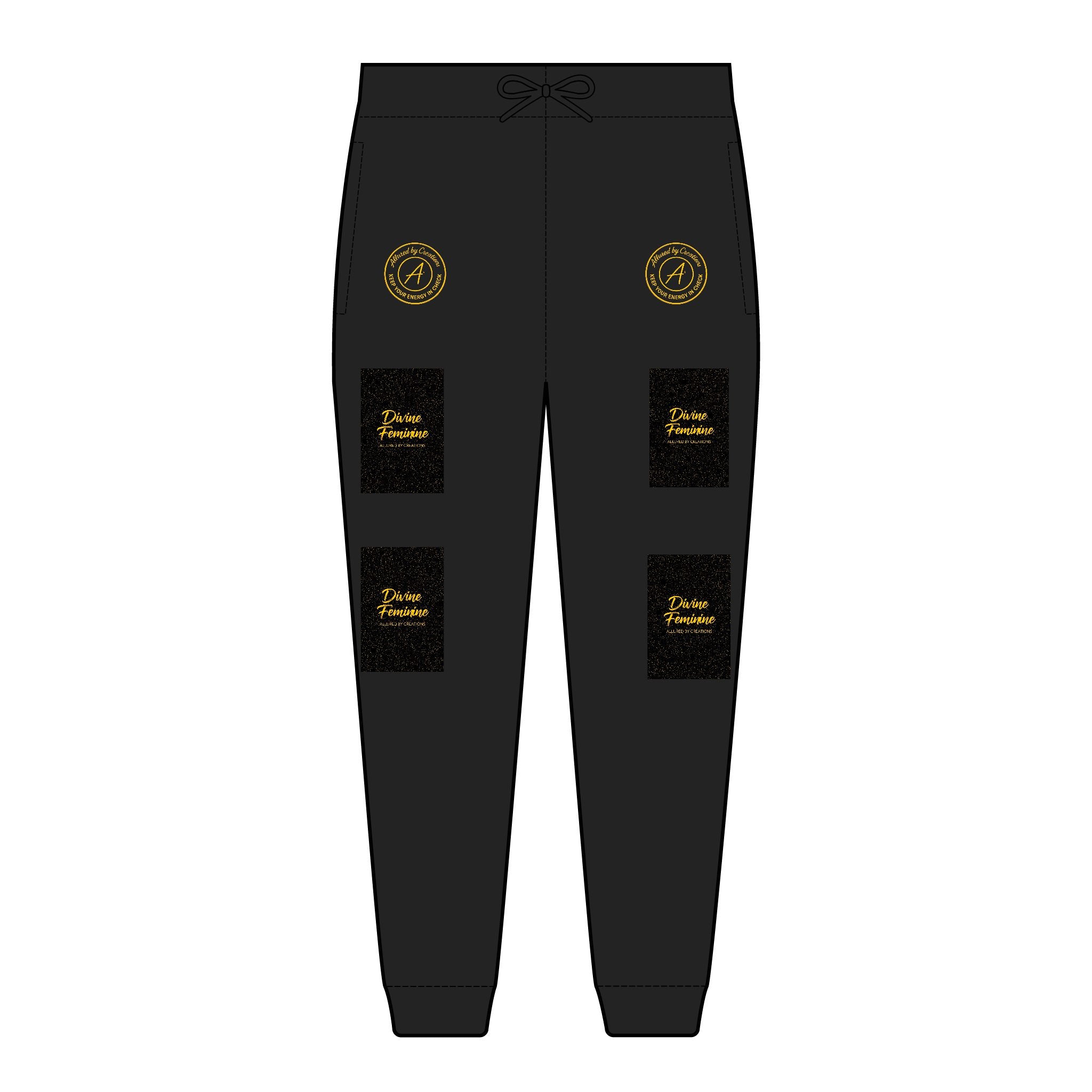 Divine Feminine Embroidered Joggers — Luxury Black & Gold Fleece Sweatpants