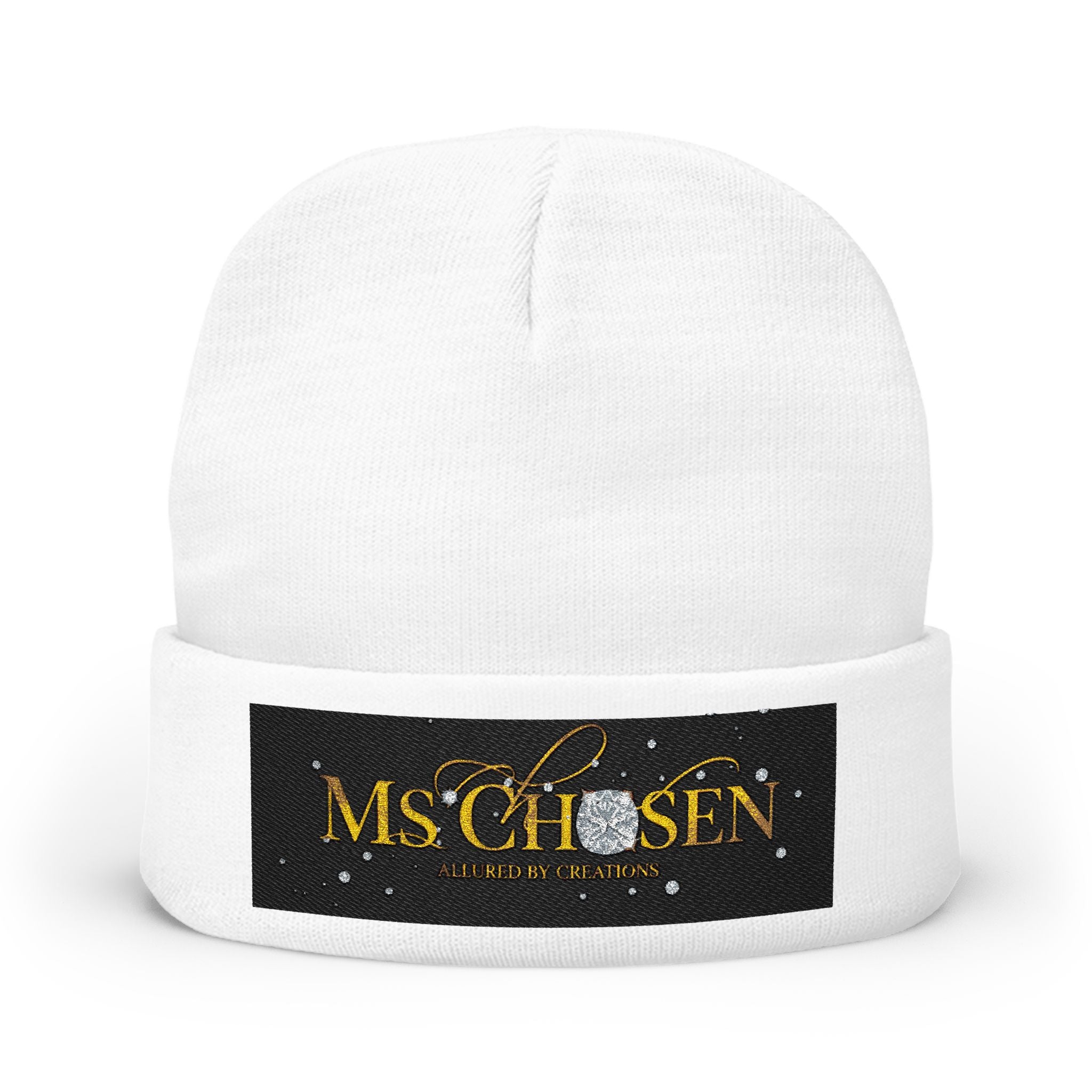 Ms Chosen — Luxury Embroidered Knit Beanie | Black & Gold Spiritual Winter Hat | Allured by Creations