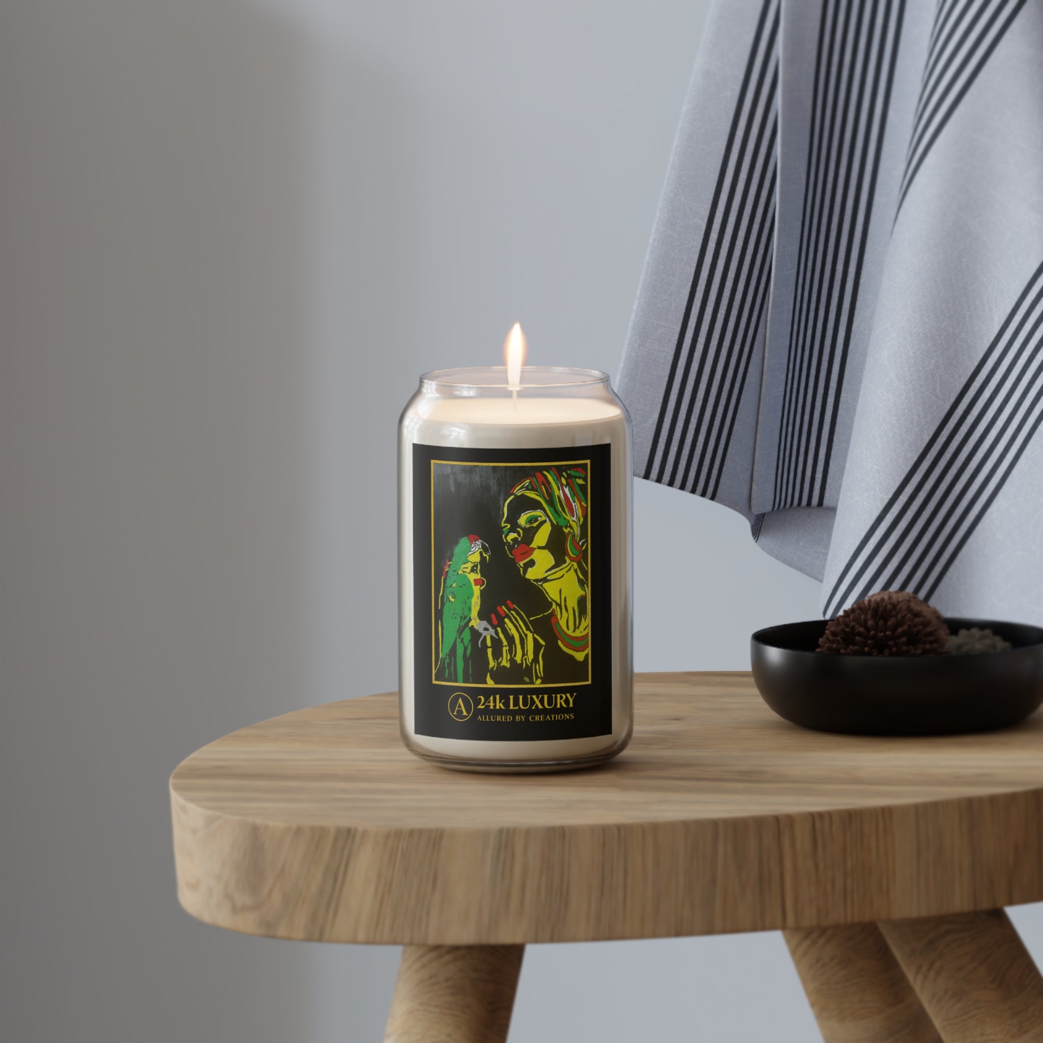 24k Luxury Scented Soy Candle 13.75oz - Artistic Woman & Parrot | Allured By Creations