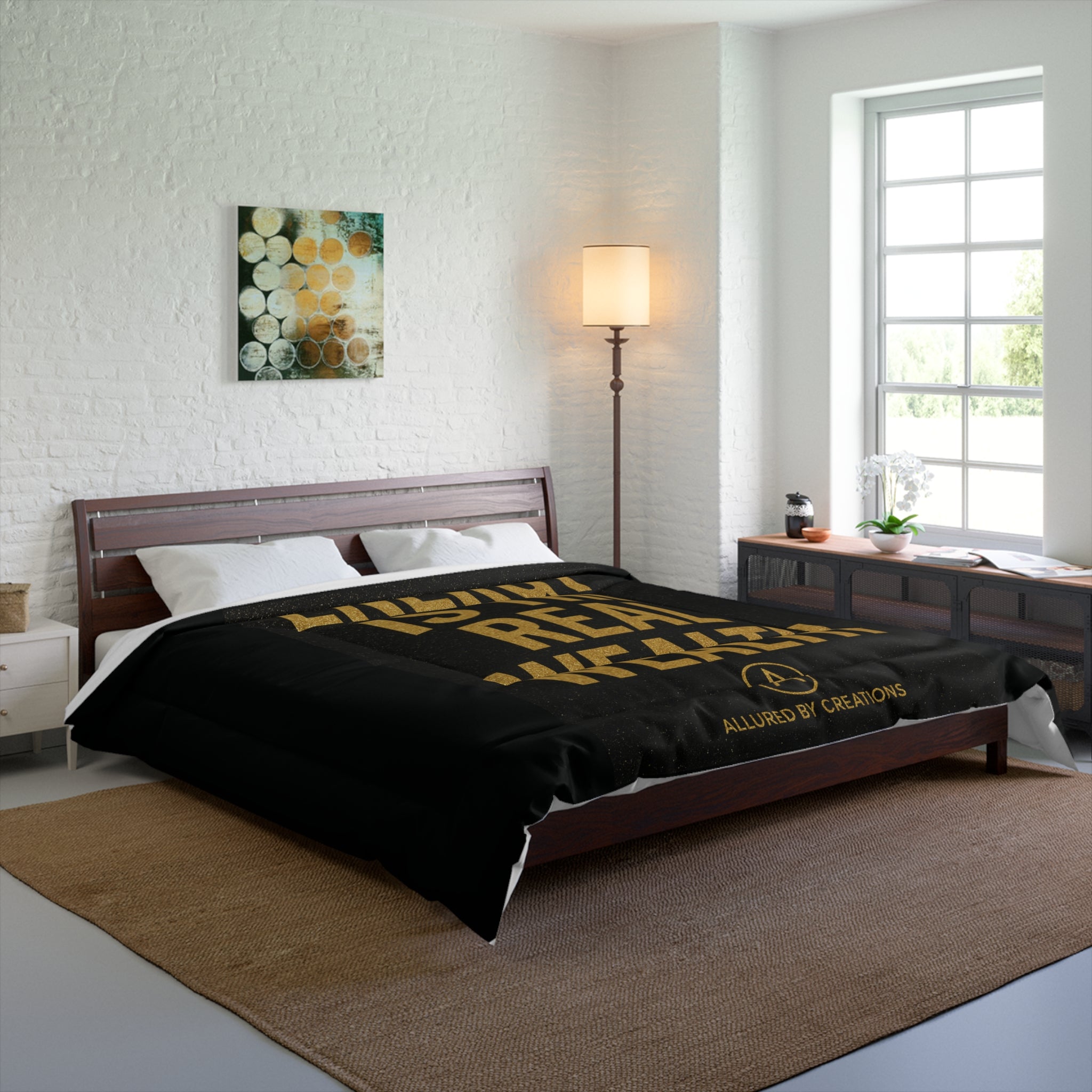 Energy Is The Real Wealth Comforter - Gold Text Luxury Bedding | Allured By Creations