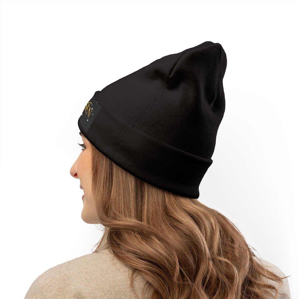 Ms Chosen — Luxury Embroidered Knit Beanie | Black & Gold Spiritual Winter Hat | Allured by Creations