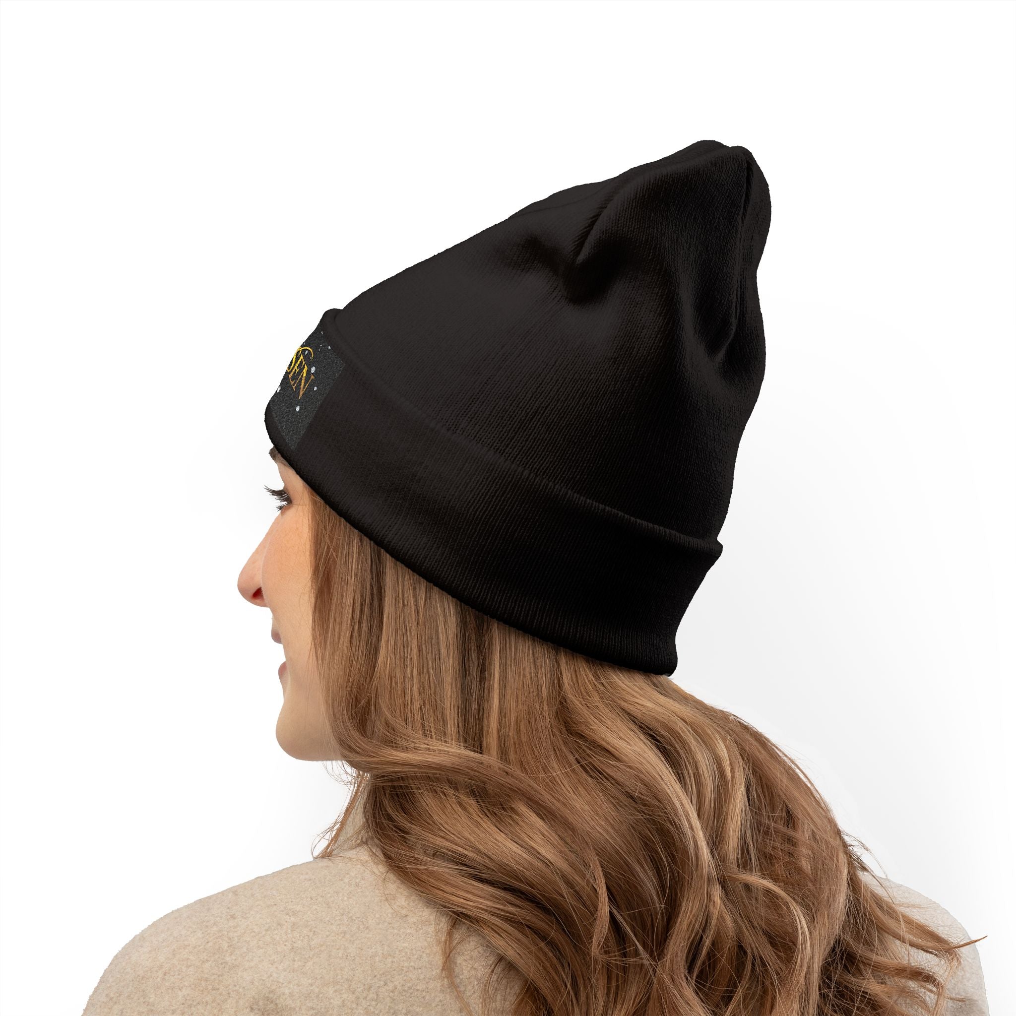 Ms Chosen — Luxury Embroidered Knit Beanie | Black & Gold Spiritual Winter Hat | Allured by Creations
