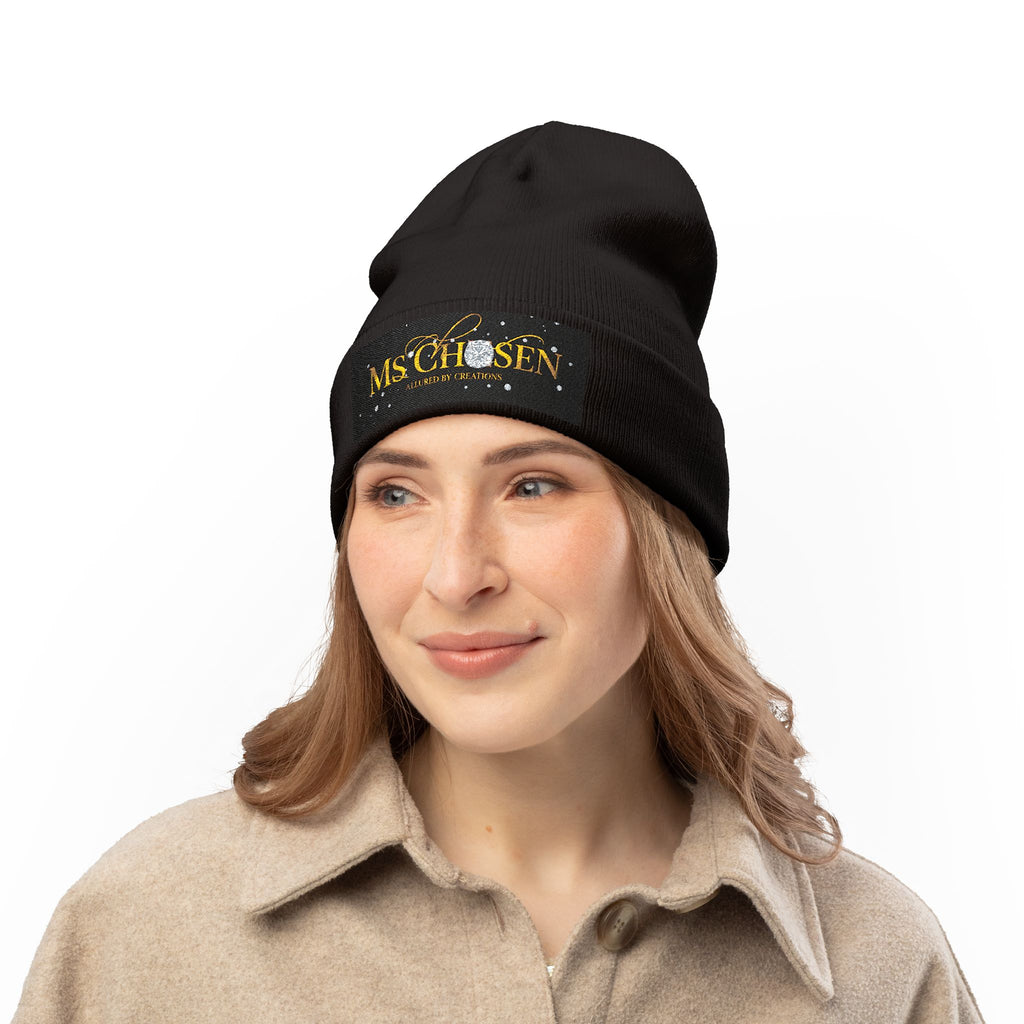 Ms Chosen — Luxury Embroidered Knit Beanie | Black & Gold Spiritual Winter Hat | Allured by Creations