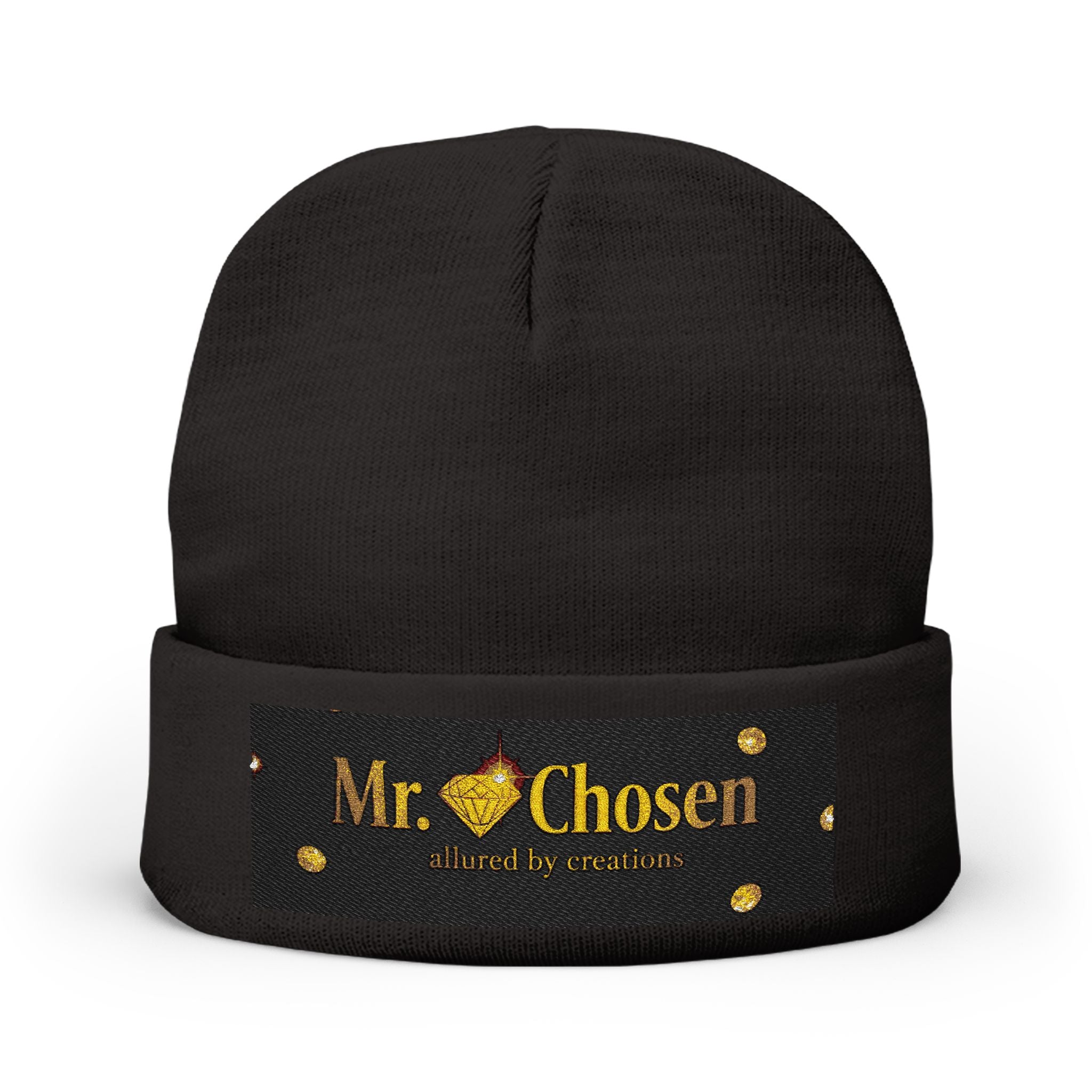 Mr Chosen — Luxury Embroidered Knit Beanie | Black & Gold Spiritual Winter Hat | Allured by Creations
