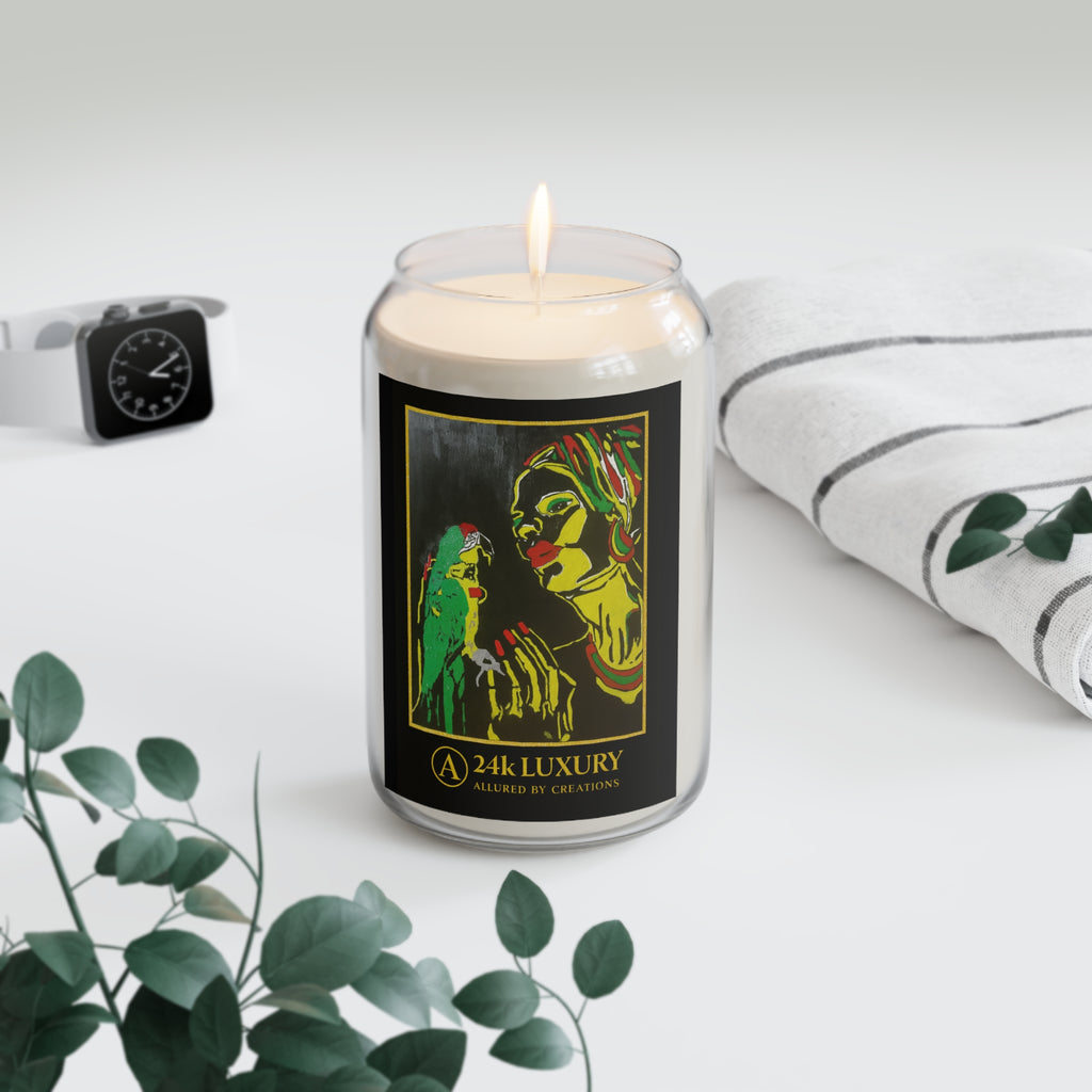 24k Luxury Scented Soy Candle 13.75oz - Artistic Woman & Parrot | Allured By Creations
