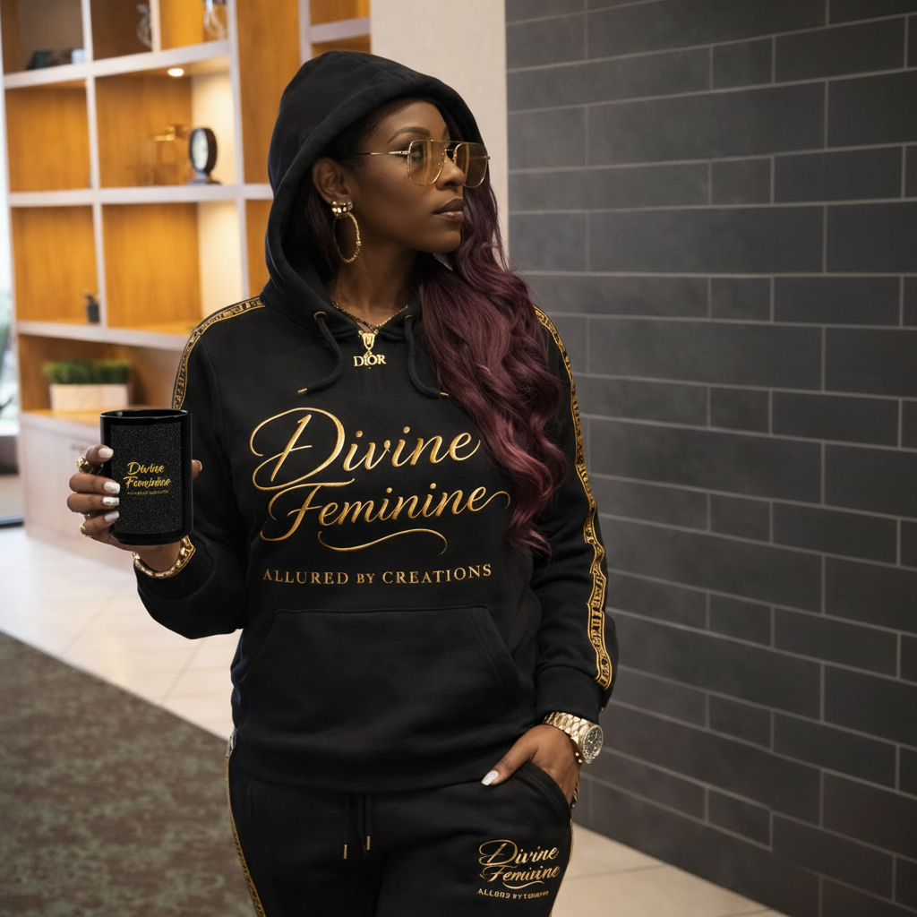 Divine Feminine Black Coffee Mug with Gold Script — 15oz Luxury Ceramic Cup