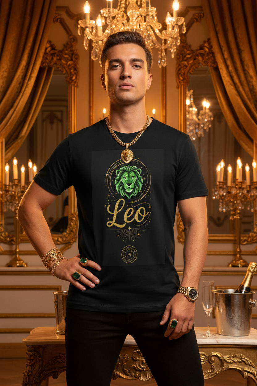 Leo Zodiac T‑Shirt — Green Lion Astrology Tee with 'Leo' Script