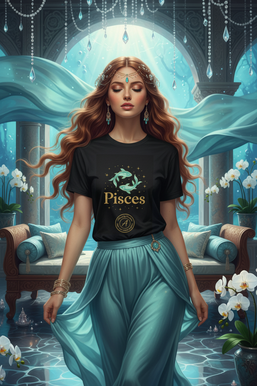 Pisces Zodiac T-Shirt - Aquamarine Birthstone - Celestial Divine Alignment