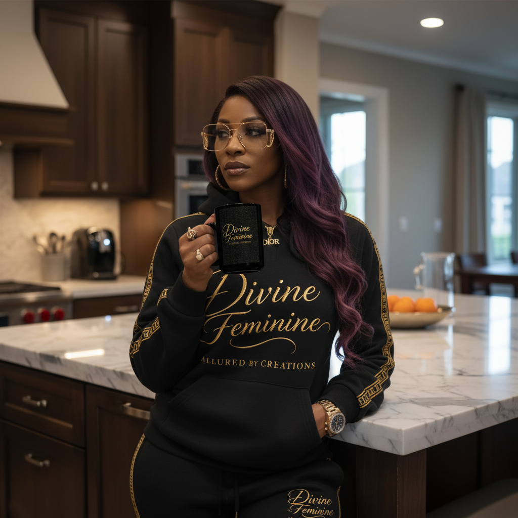 Divine Feminine Black Coffee Mug with Gold Script — 15oz Luxury Ceramic Cup