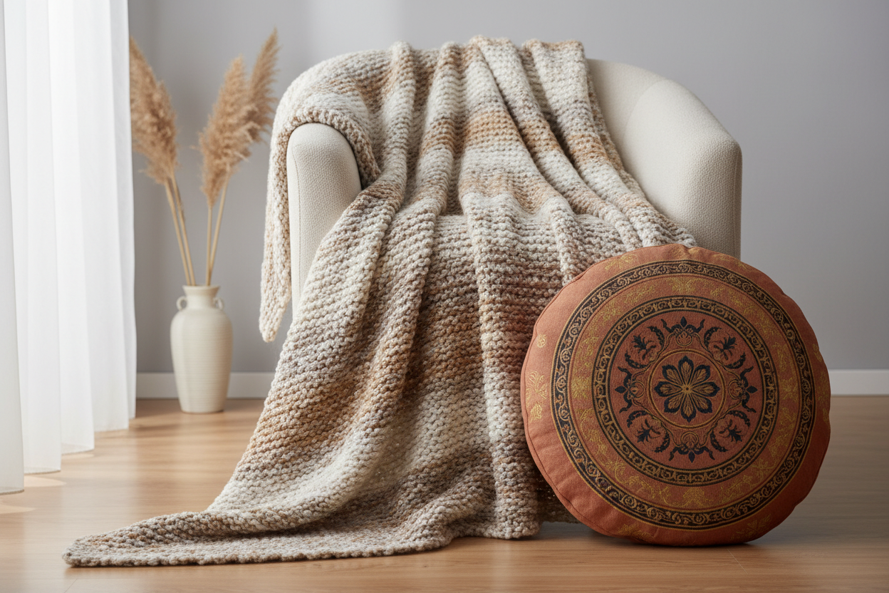 wool throw blanket and round prayer pillow